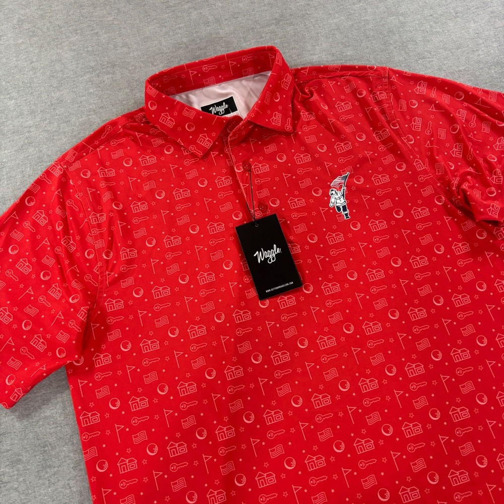 Waggle Mens Golf Polo Shirt Red Firefighter American Flag Print Performance M - Picture 1 of 11